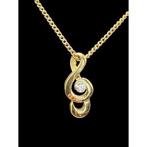 Crown Trifari Musical Note Pendant Necklace Rhinestone Gold Plated 16" Chain VTG